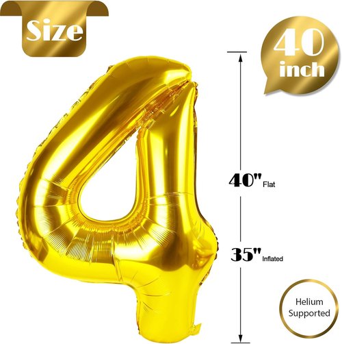 Gold 4 Balloon - 40 Inch Number 4 Balloon for 4th Birthday Party Decorations | Gold and Black Design