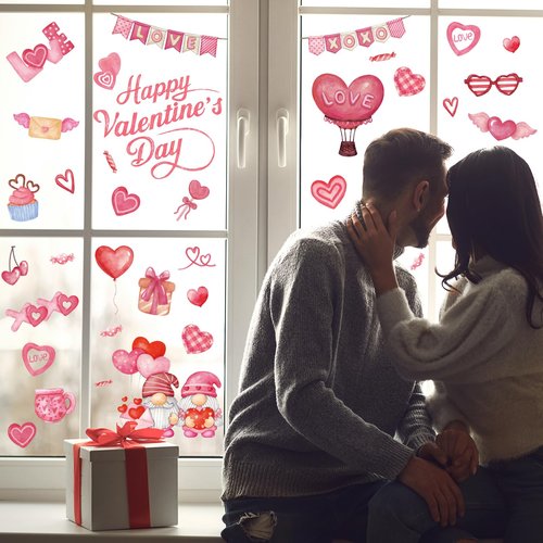 GULWAT 123 PCS Valentines Day Window Clings Decorations, 9 Sheets Red Pink Heart Happy Valentines Window Decals for Home Office Classroom Anniversary Party Store Glass Crafts Stickers Decor