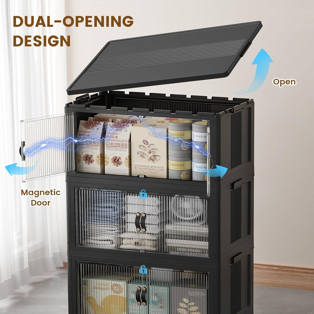 SAILUN Stackable Storage Bins - Folding Collapsible Organizer with Lid | Black, 26 Gal/105 Qt, 18" W x 11" D x 32" H