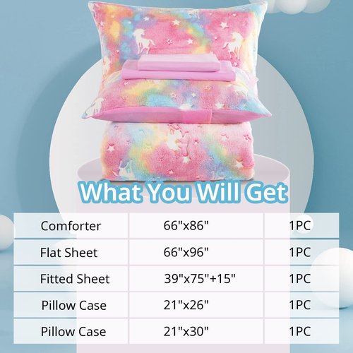HOMBYS Pink Velvet Glow in The Dark Comforter Set 5 Piece Twin/Twin XL with Sheets, Ultra Soft Down Alternative Comforter for Teenage Girls Kids, Bed in a Bag