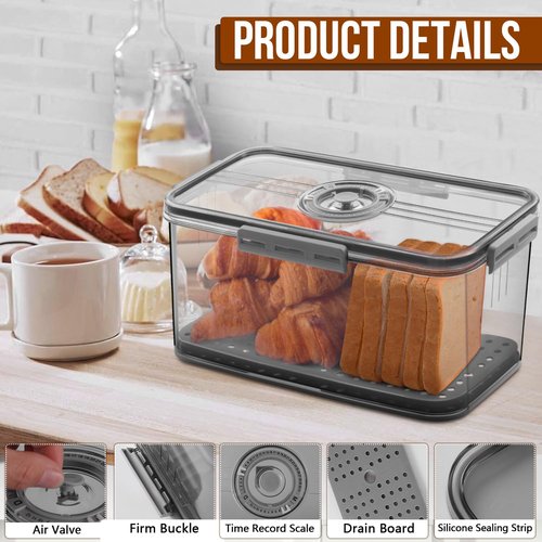 Gifhomfix Bread Box Bread Boxes for Kitchen Counter Airtight, Time Recording Bread Storage Container with Lid, Bread Keeper for Homemade Bread, Toast, Bagel, Donut and Cookies, LARGE Dark Grey