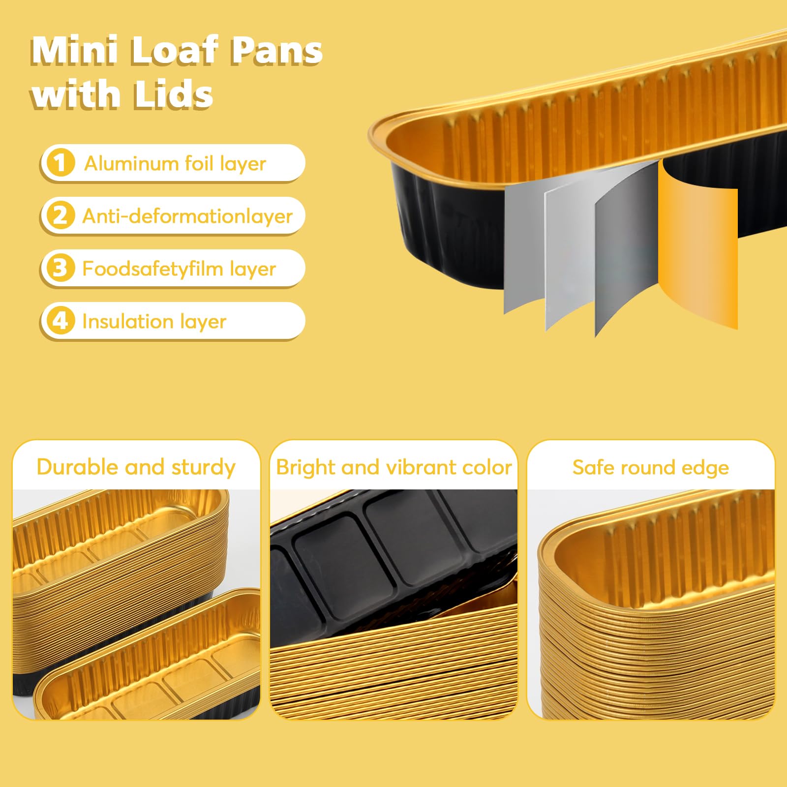 Ruckae 100 Pack Mini Loaf Pan Mini Loaf Baking Pans with Lids and Spoons,Disposable Aluminum Foil Pans, Rectangle Tin Foil Pans with Lids for Home, Pary, Picnics (Black Gold)