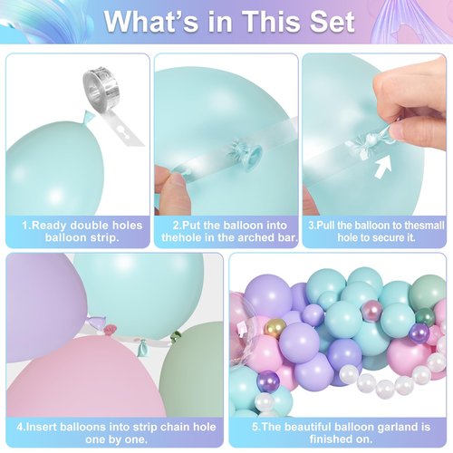 Mermaid Balloon Garland Arch Kit, 142Pcs Pastel Pink Teal Blue Purple Green Clear Balloons Mermaid Tail Seashell Foil Balloon Fringe Curtain for Birthday Baby Shower Ocean Themed Summer Party Decor