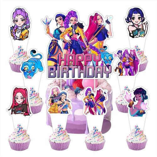 For K Pop Demon Hunters Party Supplies, 50 PCS Birthday Decorations Set Include Banner, Balloons,, Hanging Swirls, Cake Cupcake Toppers, Tablecloth for Boys Girls Hunters Theme Party