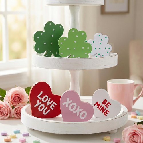 BIBIFLY Valentines St Patricks Day Decorations 6PCS Wooden Heart & Shamrock Block Tiered Tray Decor, Freestanding Wood Table Centerpieces Sign Decoration for Home Shelf, Office Desk, Mantle, Tabletop