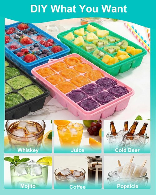 Silicone Ice Cube Trays With Lids 4 Packs, Lxndaser Easy Release Silicone Ice Cube Molds for Freezer, 60 Grids Leak-Proof Stackable Square Ice Trays for Cocktail, Whisky, Baby Food,coffee