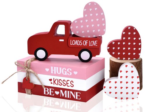 Valentine’s Day Decoration for Home, 7PCs Wooden Decorative Book Stack Set with Truck & Hearts, Rustic Valentines Table Centerpiece, Pink Red White Tiered Tray Decor for Shelf Office (red pink white)