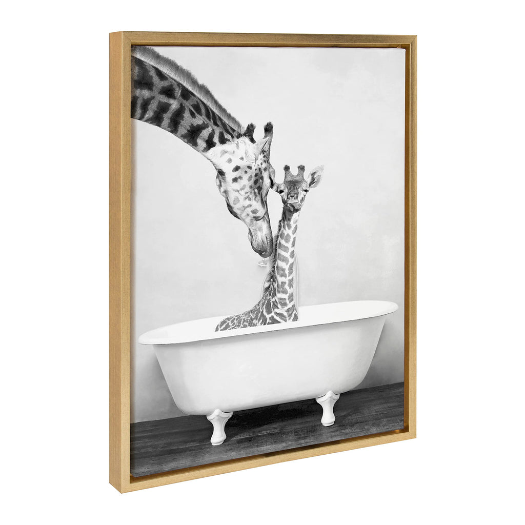 Kate and Laurel Sylvie Giraffe In Tub Framed Canvas Wall Art by Amy Peterson Art Studio; 18x24 Gold; Modern Fun Decorative Bathtub Wall Art for Home Décor