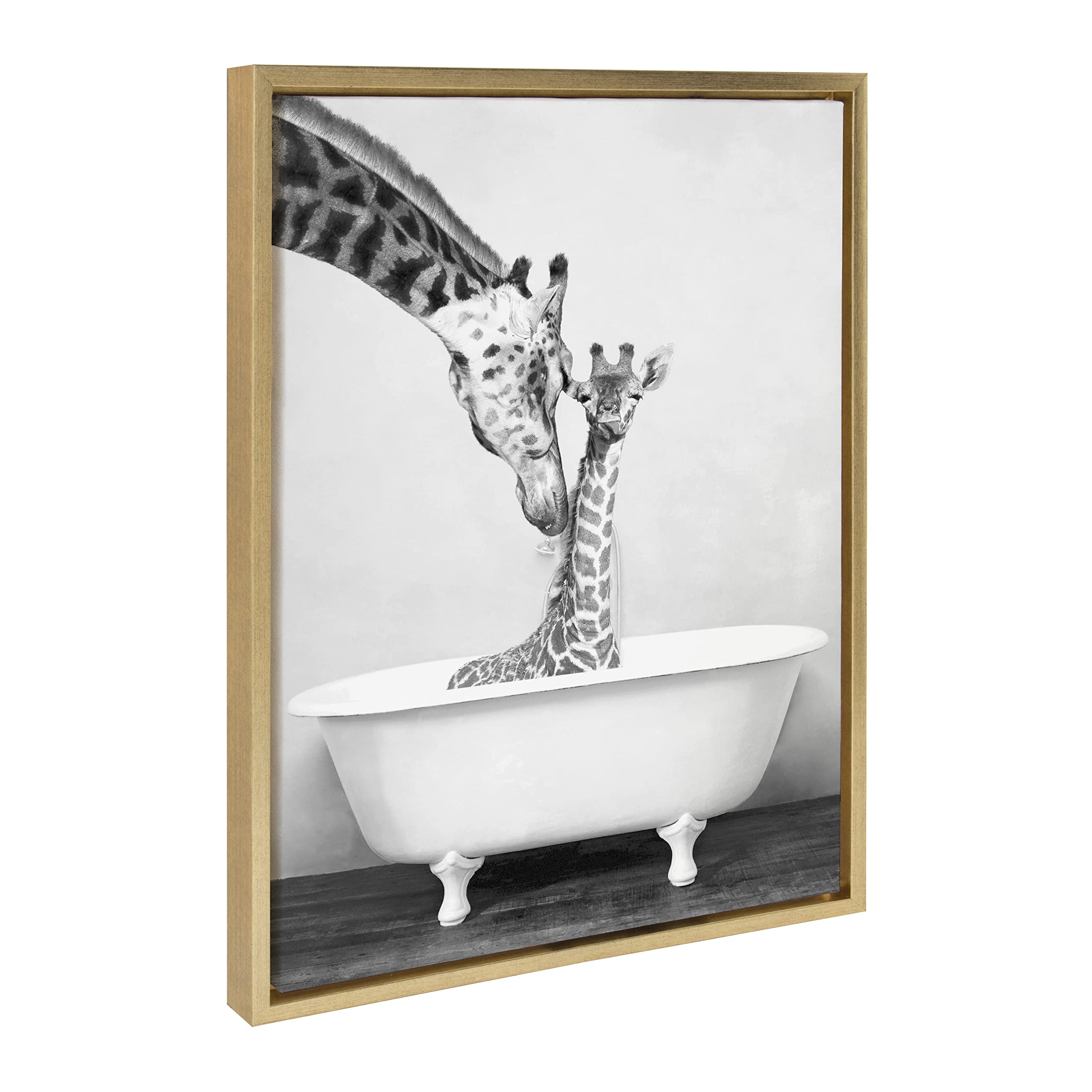 Kate and Laurel Sylvie Giraffe In Tub Framed Canvas Wall Art by Amy Peterson Art Studio; 18x24 Gold; Modern Fun Decorative Bathtub Wall Art for Home Décor