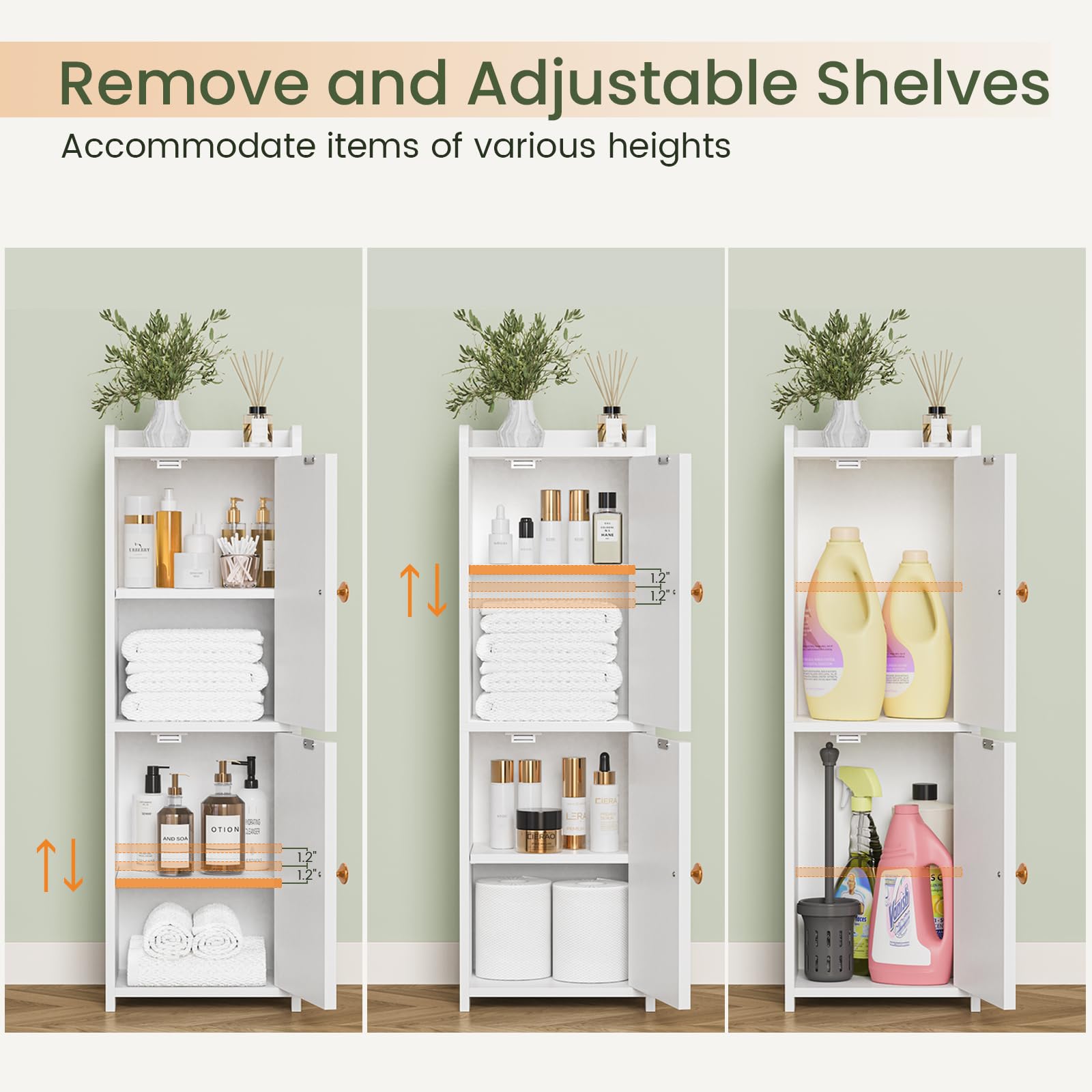 Snughome Bathroom Storage Cabinet, Small Bathroom Cabinet with 2 Doors & Adjustable Shelf, Narrow Toilet Paper Cabinet for Small Spaces, White, 7.9" D x 9.8" W x 29.5" H