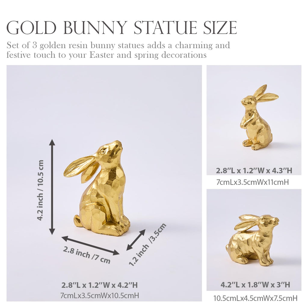 yumhum 3 Gold Easter Bunny Decorations, Resin Rabbit Figurine Small Decorative Bunny Statues for Tabletop Centerpiece Indoor Spring Easter Decor Mantle Decorations