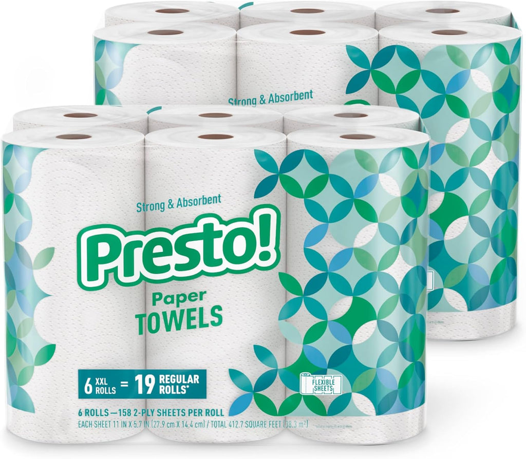 Presto! Ultra-Strong Premium Paper Towels - Flex-a-Size, 158 Sheets, 12 Huge Rolls (2 Packs of 6) | White