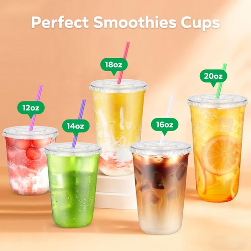 Etersky 50PCS 16 oz Clear Plastic Cups with Lids and Colorful Straws, Round Bottom Disposable To Go Coffee Smoothie Juice Bubble Tea Cups, PET Party Cups for Holiday, Birthdays, Picnics, Christmas