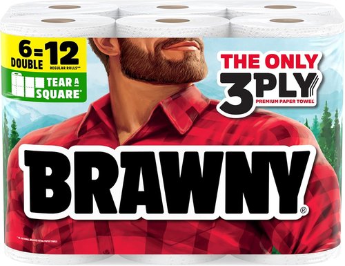 Brawny 3-Ply Paper Towels - Strong & Absorbent Tear-A-Square | 6 Double Rolls (12 Regular Rolls)