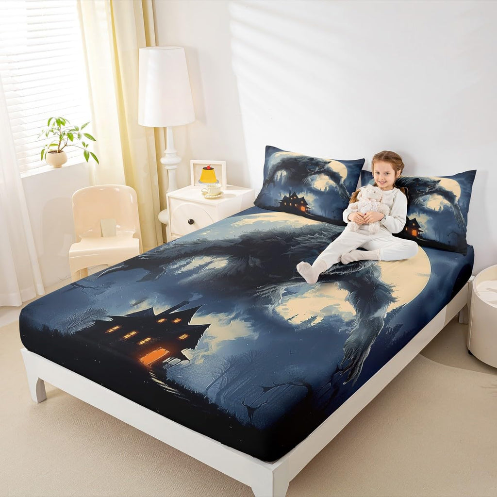 Howling Wolf Fitted Sheet Queen (No Flat Sheet),Gothic Castle Bedding Set Kids Boys Teens Men Room Decor,Western Moon Night Werewolf Bed Sheets Horror Wild Animals Deep Pocket Sheet,2 Pillowcases