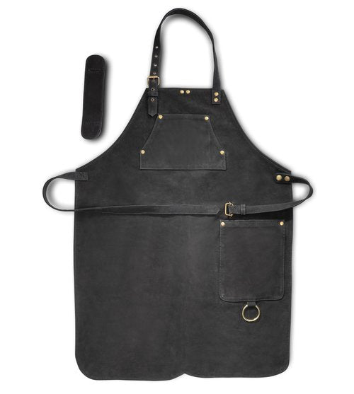 Angus Stoke Premium Leather Apron - Full Leather handcrafted Apron for BBQ, cooking, barber - adjustable black Chef apron Henry (black)