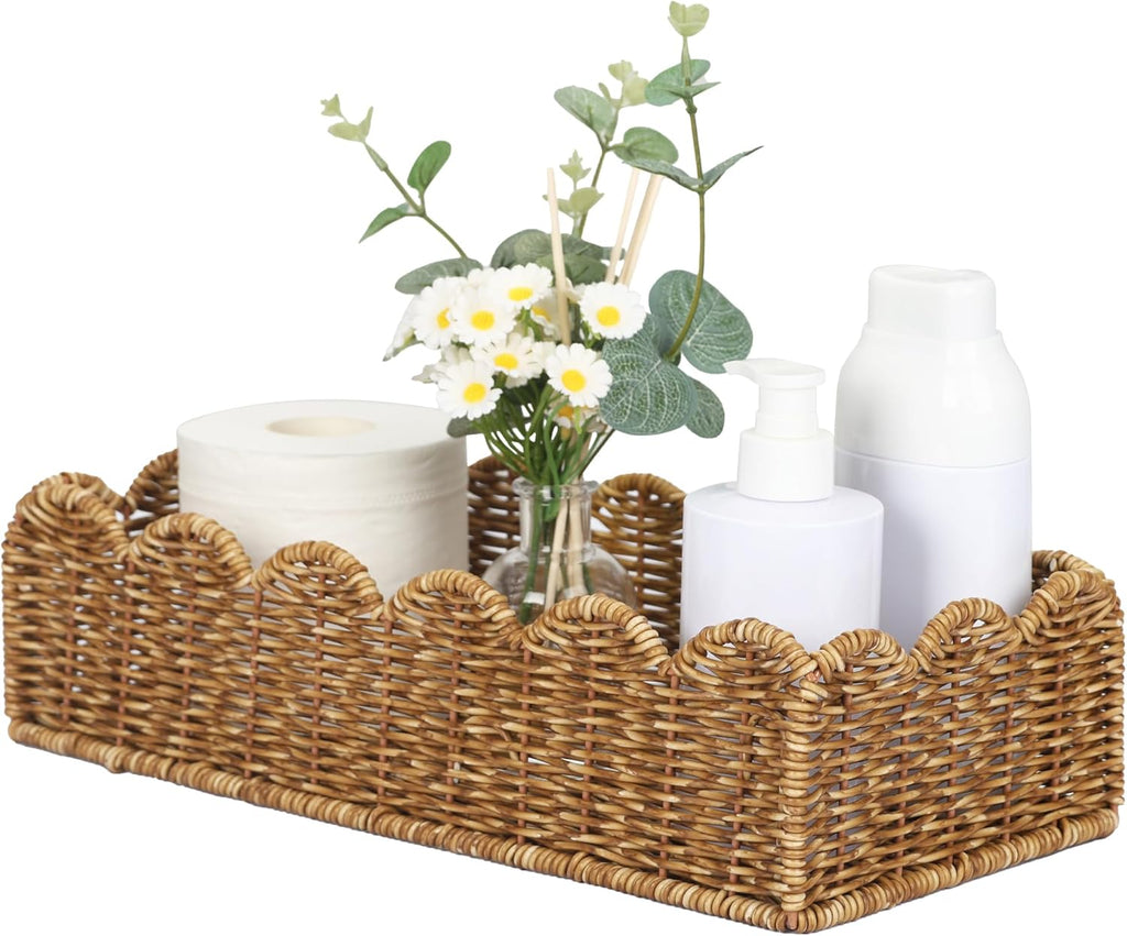Scalloped Toilet Paper Basket - Water-Resistant Handmade Organizer in Natural Tan | Perfect for Scandinavian Kitchens