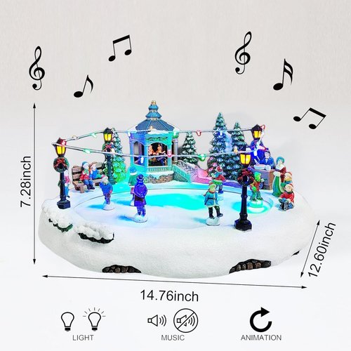Moments In Time Animated Skating Pond - 7.28” LED Christmas Village Display with Moving Skaters, Lights & Music