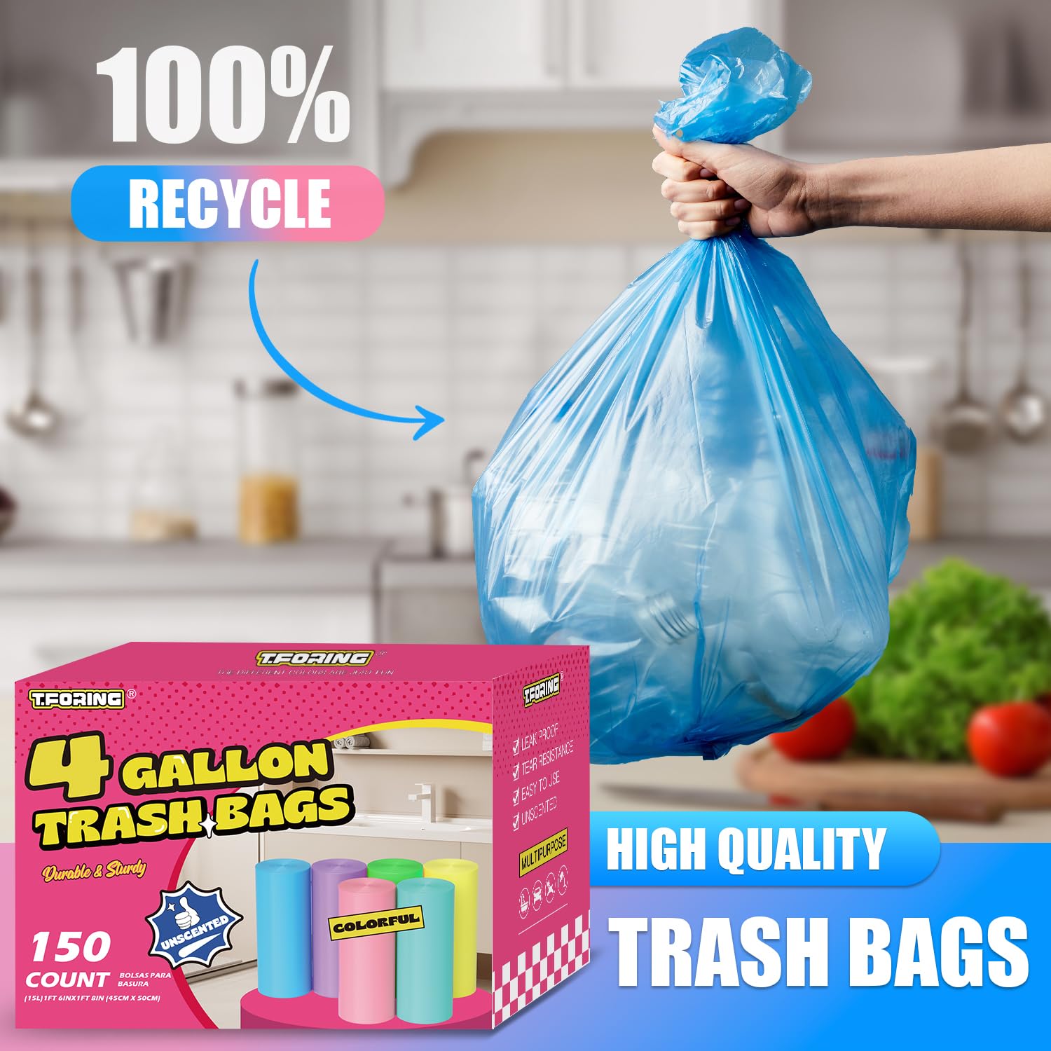 T.FORING 150 Count 4 Gallon Small Trash Bags - Colored Bathroom Garbage Bags Unscented Leak-proof, 15 Liter Plastic Wastebasket Can Liners for Office Bedroom Toilet and Car