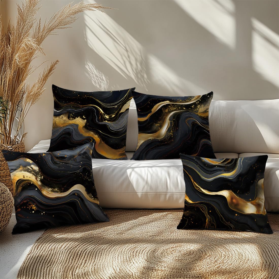 ORMAN Throw Pillow Covers 18 x 18 Inch Black Gold Fluid Cushion Case Decoration for Sofa Couch Set of 4,Farmhouse Home Decor for Sofa Living Room Couch Bed
