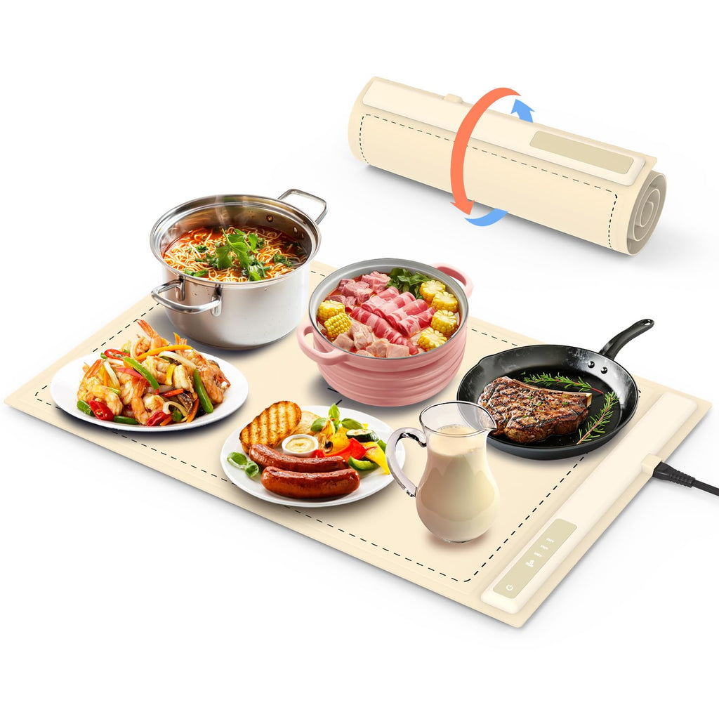 Electric Warming Tray - 3 Modes &Full Surface Heating,Rollable & Portable,Premium Silicone Nano-Material,3 Temperature Settings,Auto Shut-Off -Versatile Food Warmer for Gatherings,Parties (Cream)