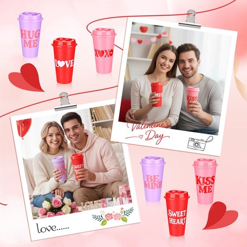 Ferrochef 24pcs Valentine Day Conversation Coffee Cups Mugs Gift Bulk 16oz Galentine Day Reusable Plastic Tumbler with Lids for Women Galentine Party Supplies Hot Cold Drinks (Love Lettering)