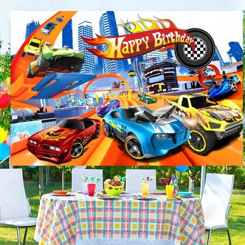 Hot Birthday Party Decorations, 5x3ft Happy Birthday Back drop Banner Theme Backdrop Banner for Wheels Party Decorations Indoor Outdoor.
