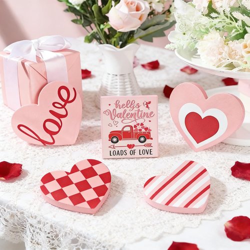 Cherica Valentines Day Decorations Wooden Signs，Heart Shaped Decor for Galentines,Romantic Valentines Day Decortions for Home,Tiered Tray,Shelf,Mantel,Party in 4 Styles