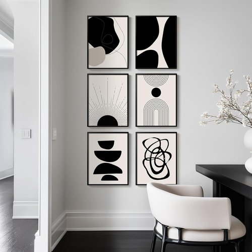 Framed Boho Black and White Abstract Wall Art - Set of 6 Modern Canvas Prints for Home Decor | 11x14 Inch