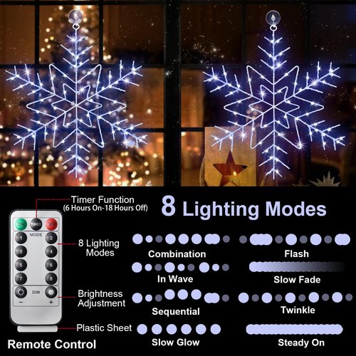 Christmas Snowflake Window Lights Decorations, 14" 63 LED 8 Lighting Modes Cool White Snowflake Light with Remote Control Timer, USB Powered Christmas Silhouette Window Lights for Home Xmas Decor