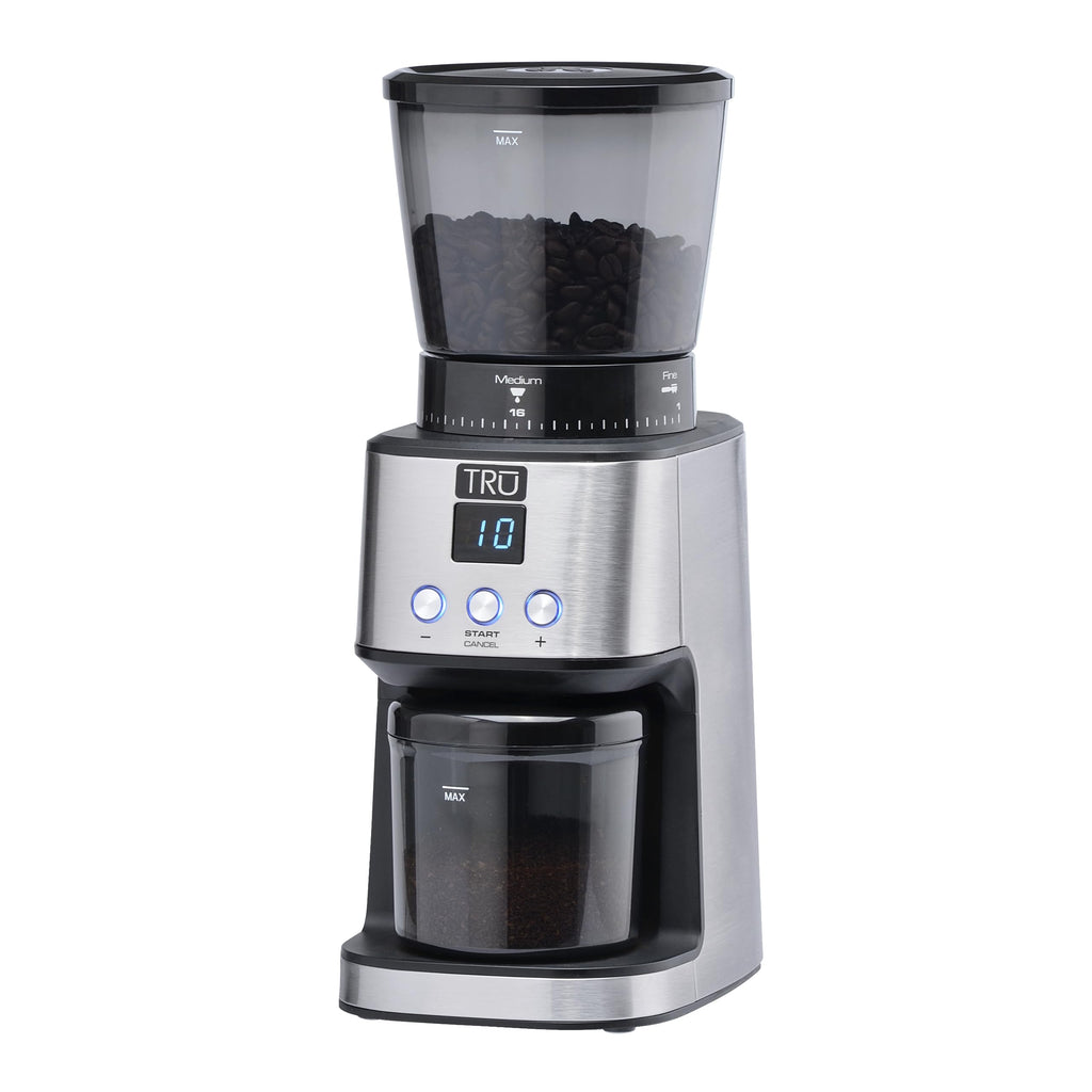 TRU Conical Burr Grinder - Precision Coffee Bean Grinder with 30 Grind Settings - Adjustable Grind Time & Digital Countdown - 9 oz Bean Hopper for Espresso & Drip Coffee