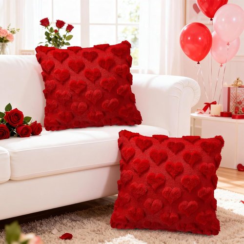 Valentines Day Pillow Covers 18x18 Inch, Red Heart Love Pillows Cover Valentine Decorations for the Home, Faux Fur Plush Throw Pillows Cover for Couch, Gift for Girlfriend Lover Mother, Set of 2
