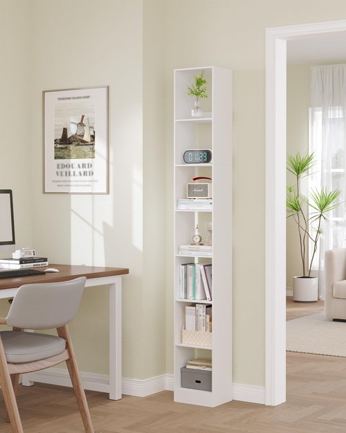 Hzuaneri Bookcase, Tall Narrow Bookshelf, Open Display Storage Shelf, Skinny Cube Book Shelf with Adjustable Shelves, CD Rack for Living Room, Home Office 7-Tier(9.4 x 11.8 x 84.3 inch) White BC79703X