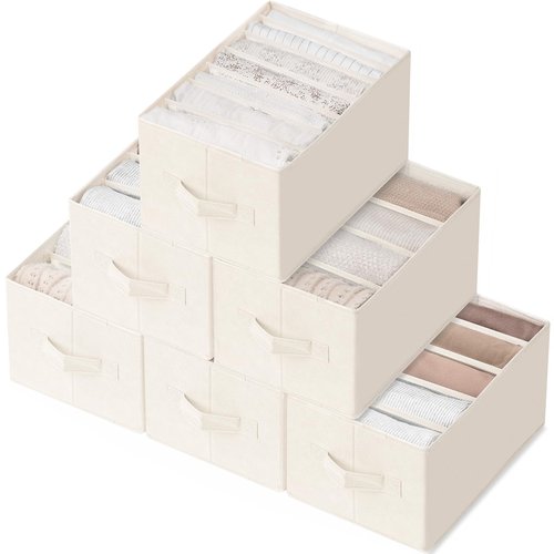 Criusia 6 Pack Large Clothes Organizer, Wardrobe Closet Organizer and Storage with Handles, Foldable Fabric Closet Organizers Dividers for Clothing, Pants, Jeans, Sweater, T-shirts, Beige