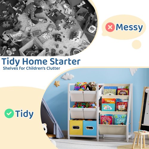 LATIBELL Kids Bookshelf Toy Storage Organizer - Book Shelf for Kid Rooms, 6 Toy Bins for Kid Organizer and 3 Sling Kids Bookcase, Toddler Baby Montessori Nursery Bookshelf Childrens Book Rack Display