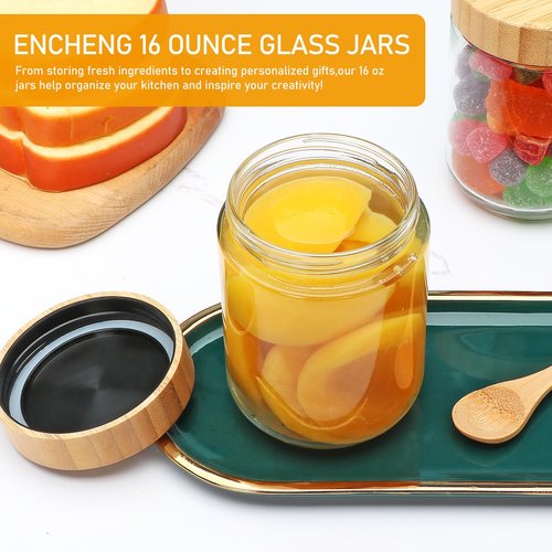 Encheng 16oz Glass Jars with Lids, Overnight Oats Containers with Bamboo Lids, Wide Mouth Glass Mason Jar Food Storage Containers for Salad,Yogurt,Meal Prep,6 Pack