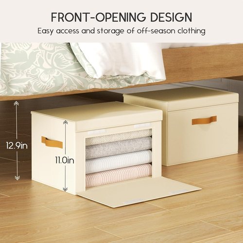 Homsorout Large Storage Bins with Lids - Front Opening Fabric Organizers, Collapsible Beige Baskets | 2 Pack