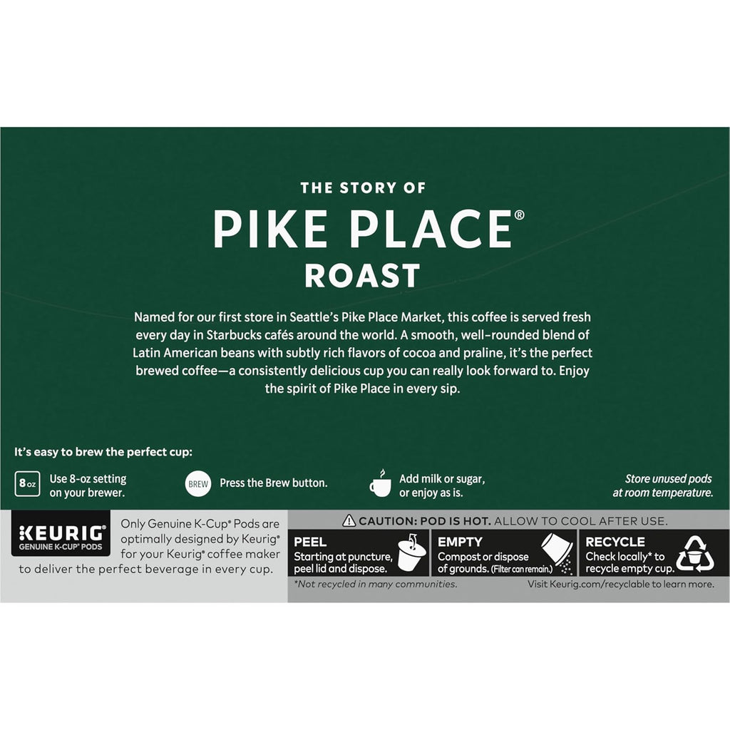 Starbucks K-Cup Coffee Pods - Medium Roast Pike Place Roast for Hot or Iced Coffee | 60 Count