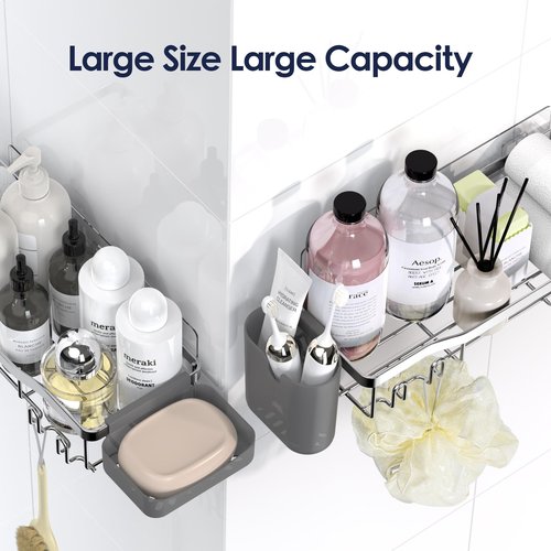 NESOMI Shower Caddy Adhesive Shower Organizer 8-Pack, Rustproof Stainless Steel Bathroom Shelves, Large Capacity No-Drill Rack Storage Accessories with Soap Dish Toothbrush Holder Hooks