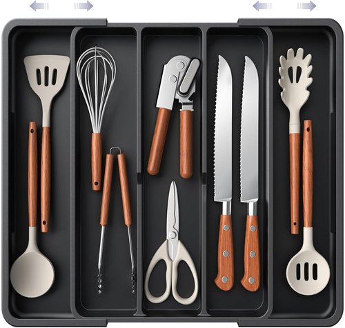 Aujen Silverware Organizer - Expandable Utensil Tray for Kitchen Drawers | Adjustable Cutlery Storage, Black, X-Large