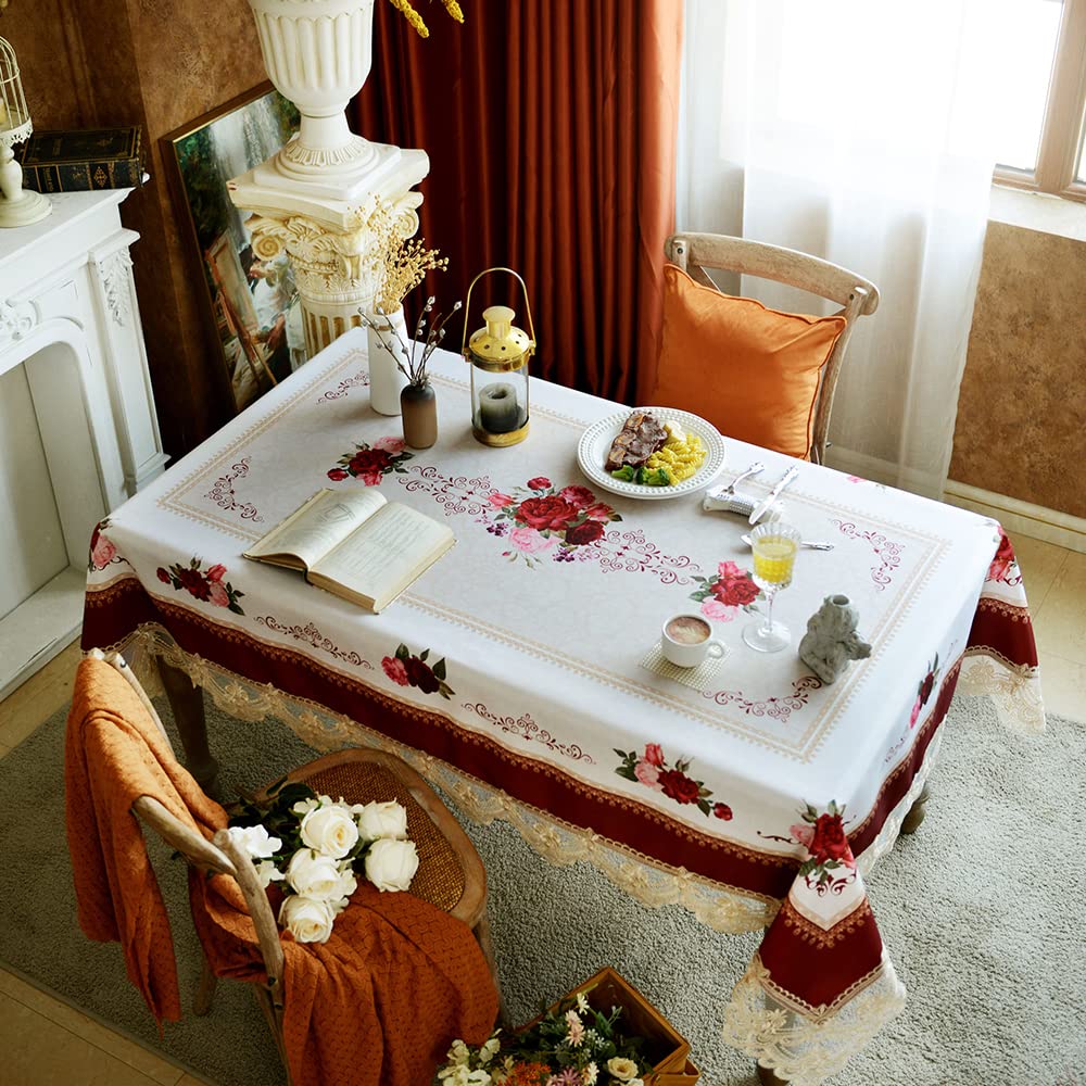SUTAVIA Lace Embroidered Table Cloth,Rectangular Farmhouse TableCover,Classic Oblong Antique Flower Decor Macrame Tablecloth (Burgundy, Rectangle/Oblong,60 x 120 Inch,10-12 Seats)