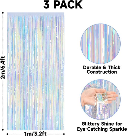 JijAcraft Iridescent Tinsel Foil Fringe Curtain - Holographic Party Backdrop | 3 Pack for Celebrations