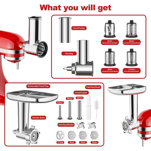 Meat Grinder & Stainless Steel Slicer Shredder Attachment for KitchenAid Stand Mixer, Meat Grinder Attachment with Sausage Stuffing Set and Cheese Grater, For KitchenAid Mixer Attachments