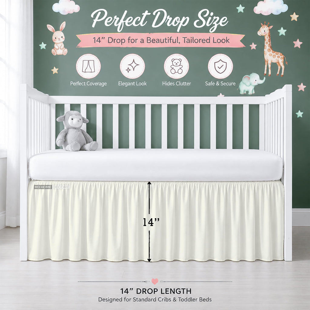 Crib Bed Skirt Dust Ruffle with Split Corners, 100% Cotton, Ivory Nursery Crib Skirt for Baby Boys or Girls, 28x52, 14" Drop, Toddler Bed Skirt, Baby Bedding, Crib Sheet Skirt, Soft & Breathable