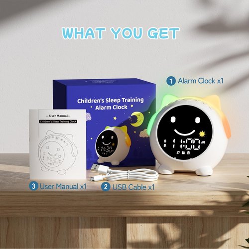 JAHUYU Kids Alarm Clock with Sleep Training, LED Night Light, Bluetooth Music, Multi-Color Display, Sound Machine, OK to Wake Light for Toddlers and Children