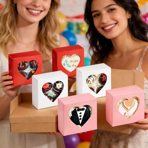 JCXGRVC 102PCS 4"x4"x2" Heart-Shaped Window Bakery Boxes in Red White, Pink, Perfect for Strawberries, Cookie, Mini Bundt Cakes, Chocolate Truffles & Small Desserts-Wedding and Party Favors