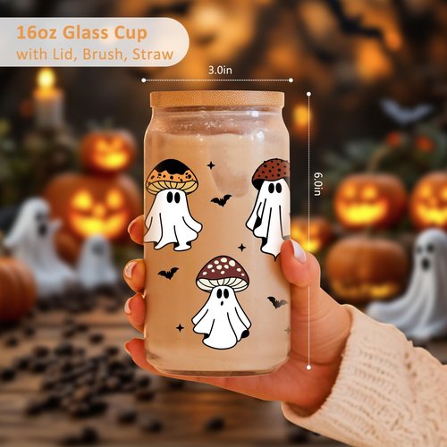 Fairy's Gift Ghost Mushroom Halloween Cup, Spooky Mushroom Ghost Iced Coffee Glass Tumbler, 16 oz Cute Cups with Lids Straws, Boo Basket Stuffers, Spooky Halloween Gifts for Women Teens, Fungi Lovers
