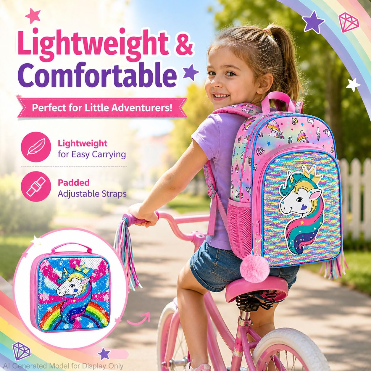 AGSDON 3PCS Unicorn Backpack for Girls, 16" Little Kids Sequin Preschool School Bookbag and Lunch Box