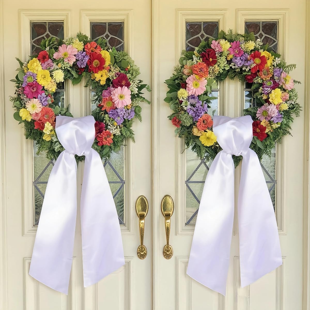 Skiennix 4 Pack White Wreath Sash - DIY Embroidery Satin Blank Accessories for Door Decor | Gift Box Included