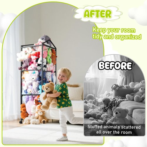NomNest Stuffed Animal Storage Plushies Storage, Toy Storage Organizer Giant Stuffed Animal Zoo Holder, Sturdy Metal Toy Shelf Teddy Bear Storage Bedroom Organization ( Wheeled, Black)